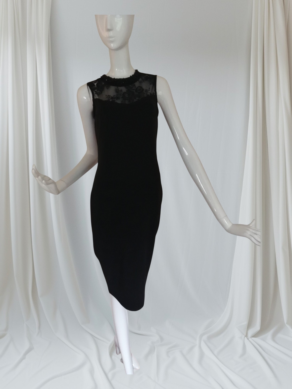 Sleeveless Black Midi Dress with Lace Yoke